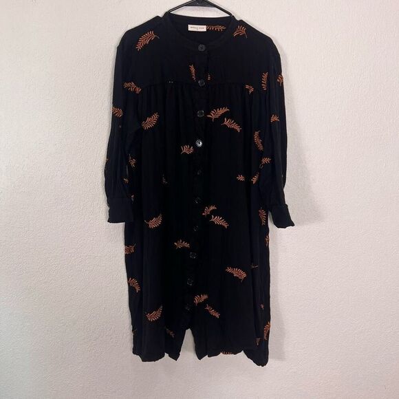 Megan Park Black w/ Orange Embroidered Leaf Print Button Down Merino Wool Long S - Picture 1 of 11